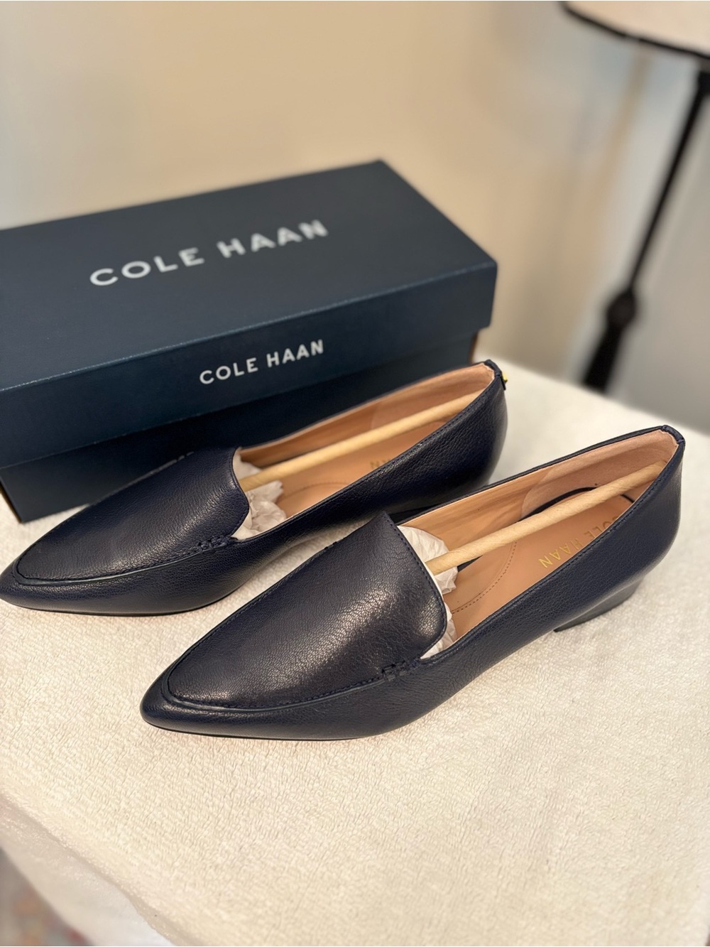 NWT, Cole Haan Navy Leather Pointed Loafers for Women, SZ 7.